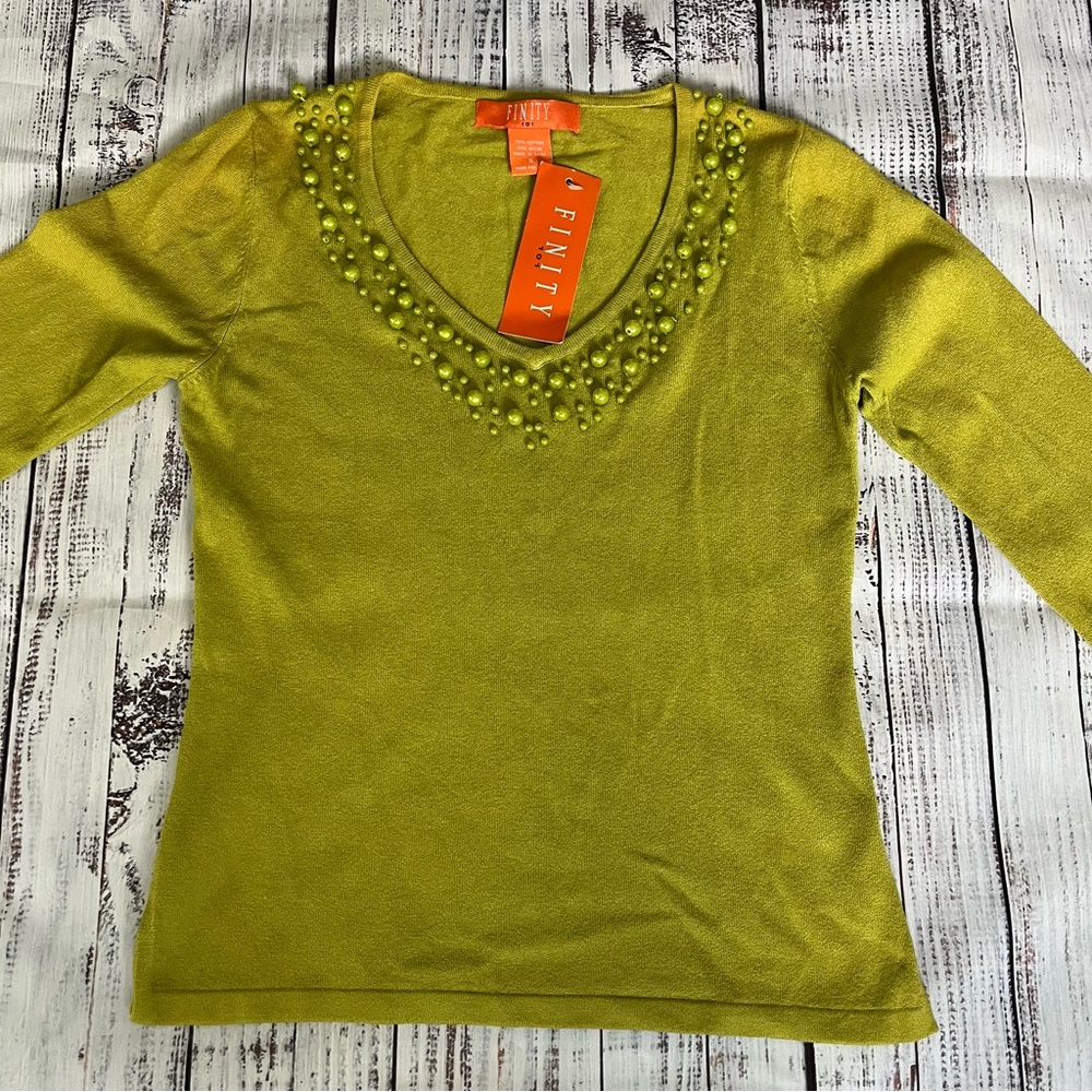 FINITY 101 Beaded 3/4 Sleeve V Neck Sweater Green/Grass Cotton Blend Size S NWT